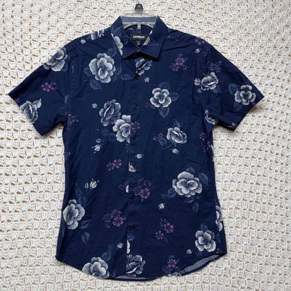Express Shir Mens Sz M 15-15 .5.5 Navy Blue Floral Button Up Long Slv Cotton
